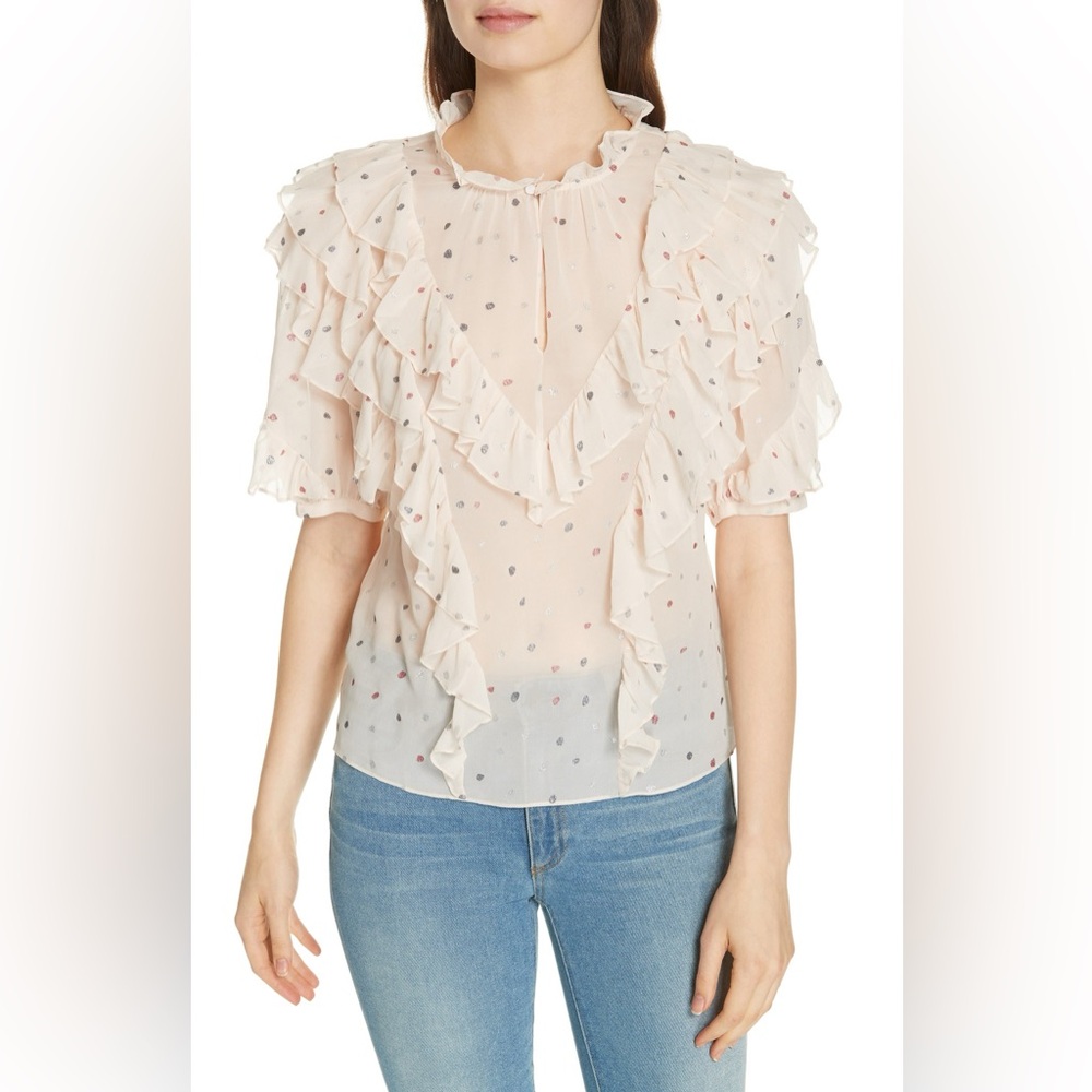 New Rebecca Taylor 100% Silk Glitter Gem Blouse Top Ruffle Pink Size 0